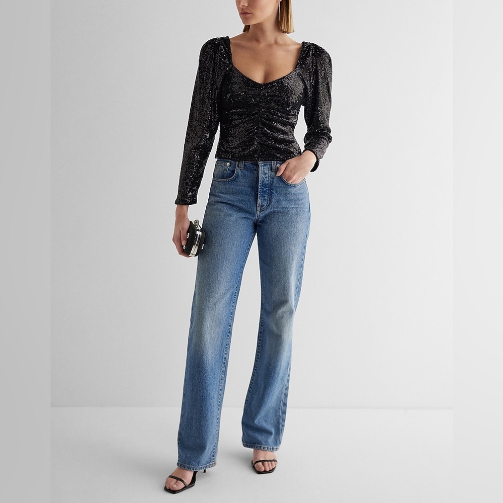 EXPRESS Black Sequin Ruched Front Puff Sleeve Shirt NWT $98 Sz L Party Holiday